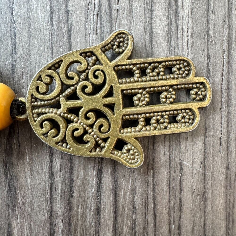 Gold Tone Hamsa Necklace with Turquoise and Brown Beads - Picture 3 of 3